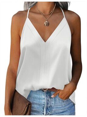 Women's White Sleeveless V Neck Silk Satin Causal Pull On Blouse Tank Tops